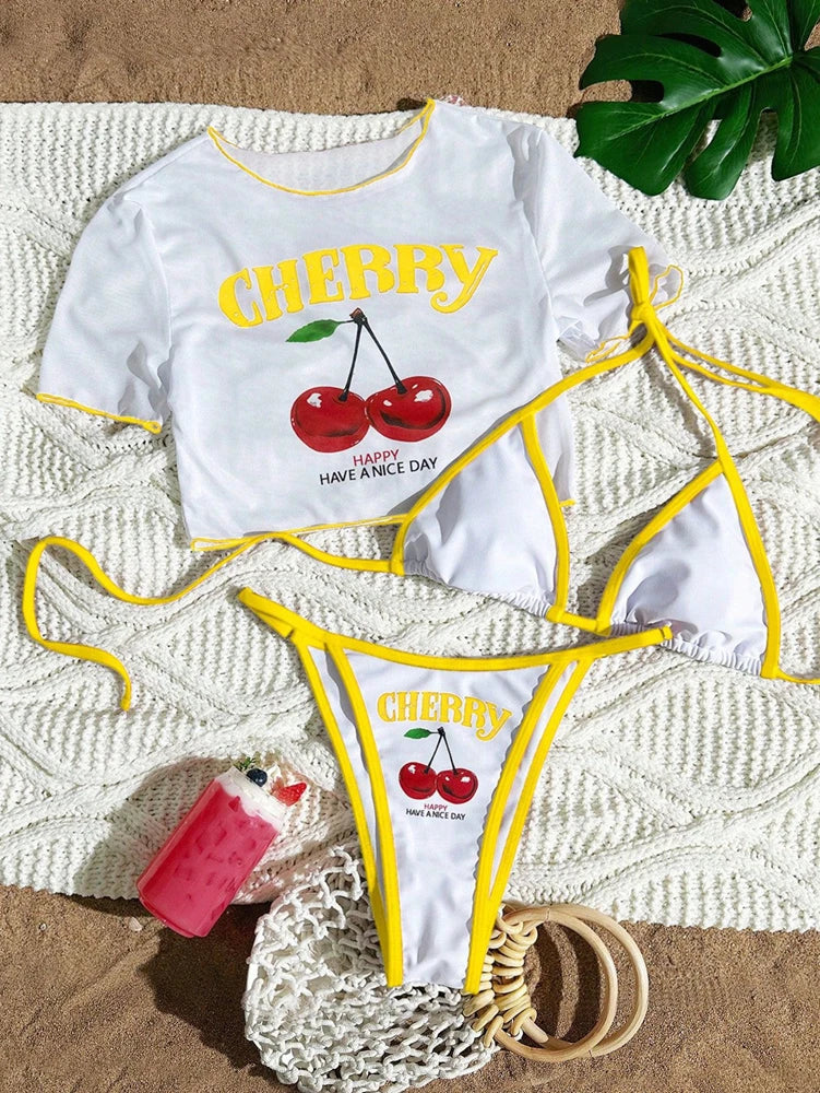 Costume da bagno a tre pezzi con stampa ciliegie, bikini halter carino, sexy e fresco, blu scuro, per la spiaggia - Collezione 2026