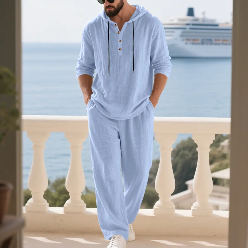 Completo Uomo in Lino econ Cappuccio – Camicia Manica Lunga e Pantaloni Casual per Primavera e Autunno