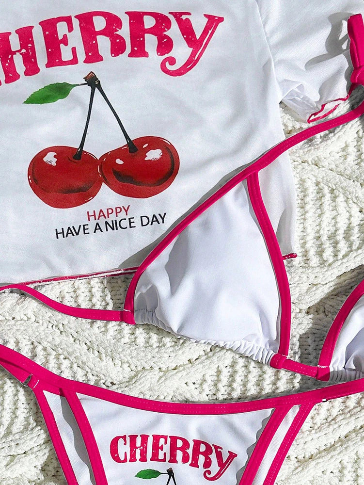 Costume da bagno a tre pezzi con stampa ciliegie, bikini halter carino, sexy e fresco, blu scuro, per la spiaggia - Collezione 2026
