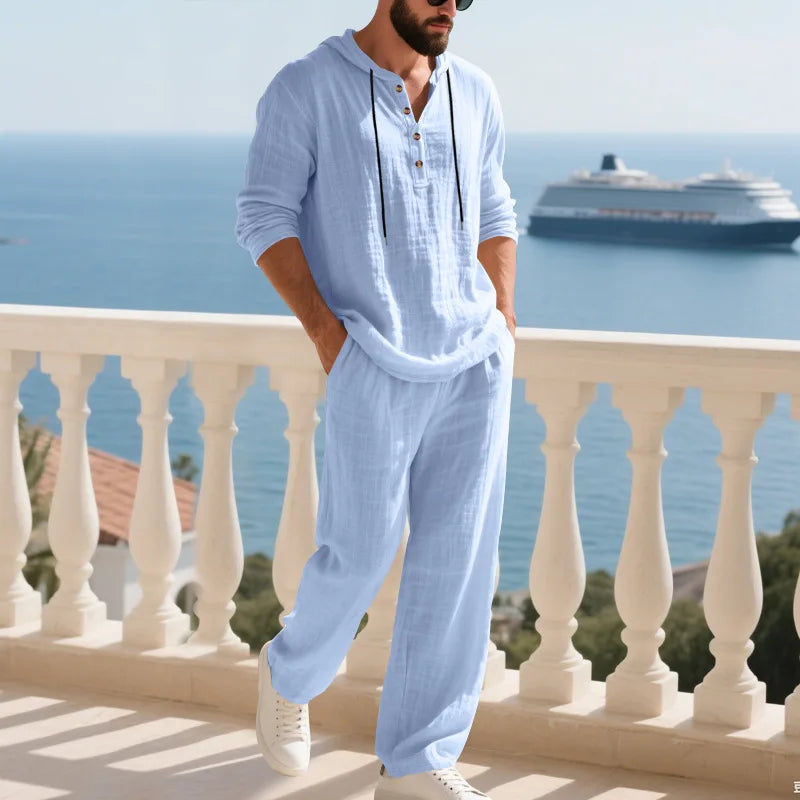 Completo Uomo in Lino econ Cappuccio – Camicia Manica Lunga e Pantaloni Casual per Primavera e Autunno