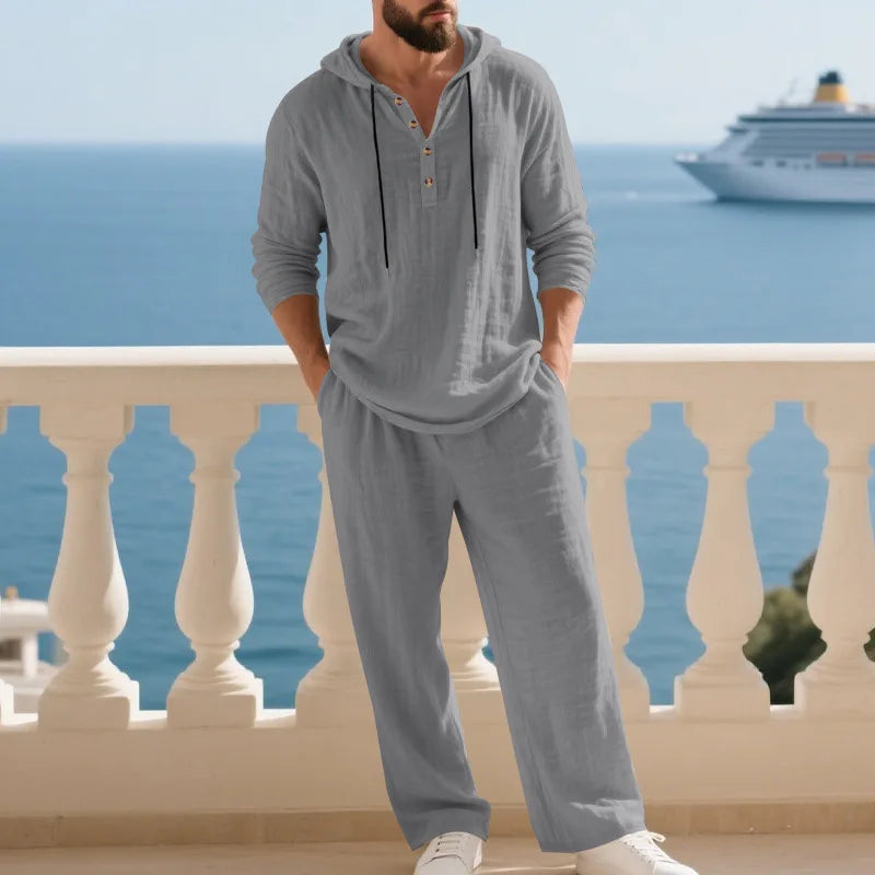 Completo Uomo in Lino econ Cappuccio – Camicia Manica Lunga e Pantaloni Casual per Primavera e Autunno