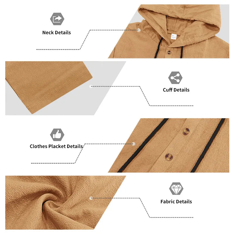 Completo Uomo in Lino econ Cappuccio – Camicia Manica Lunga e Pantaloni Casual per Primavera e Autunno