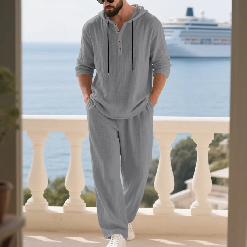 Completo Uomo in Lino econ Cappuccio – Camicia Manica Lunga e Pantaloni Casual per Primavera e Autunno