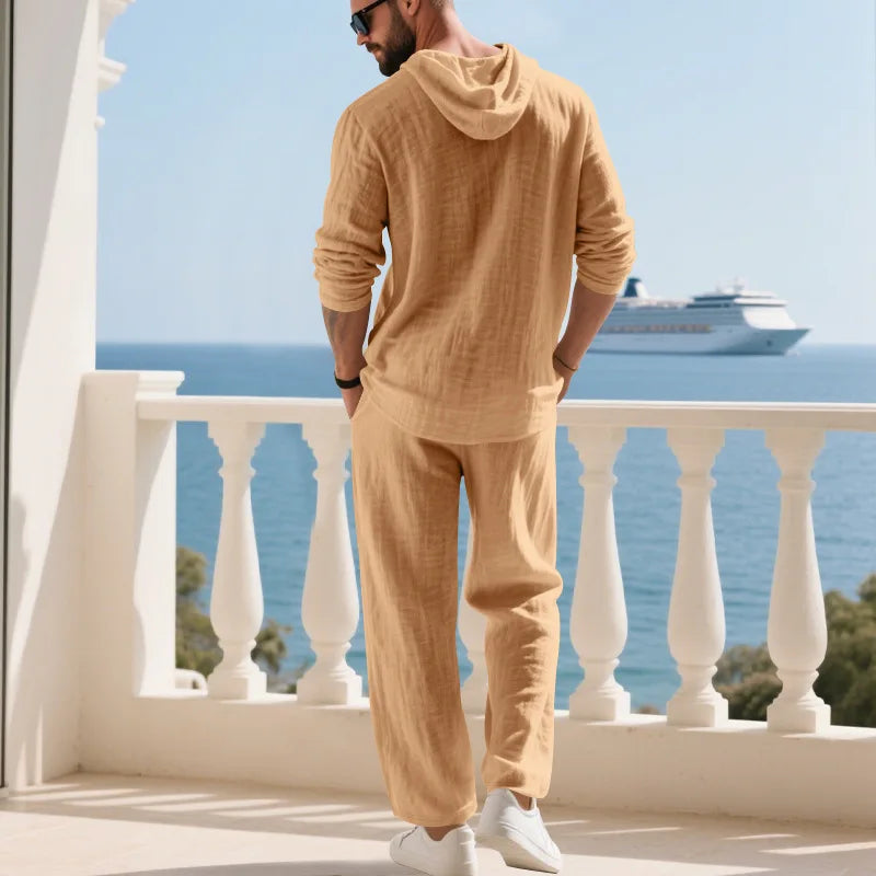 Completo Uomo in Lino econ Cappuccio – Camicia Manica Lunga e Pantaloni Casual per Primavera e Autunno