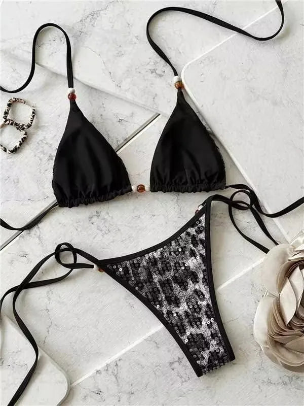 Bikini Leopardato con Paillettes e Spalline 2026 - Costume da Bagno Donna Due Pezzi