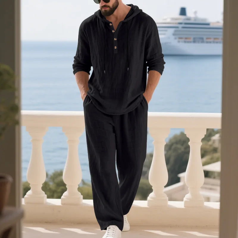 Completo Uomo in Lino econ Cappuccio – Camicia Manica Lunga e Pantaloni Casual per Primavera e Autunno