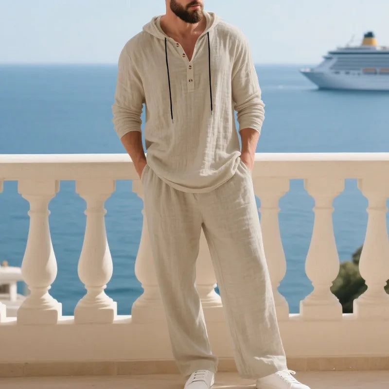 Completo Uomo in Lino econ Cappuccio – Camicia Manica Lunga e Pantaloni Casual per Primavera e Autunno