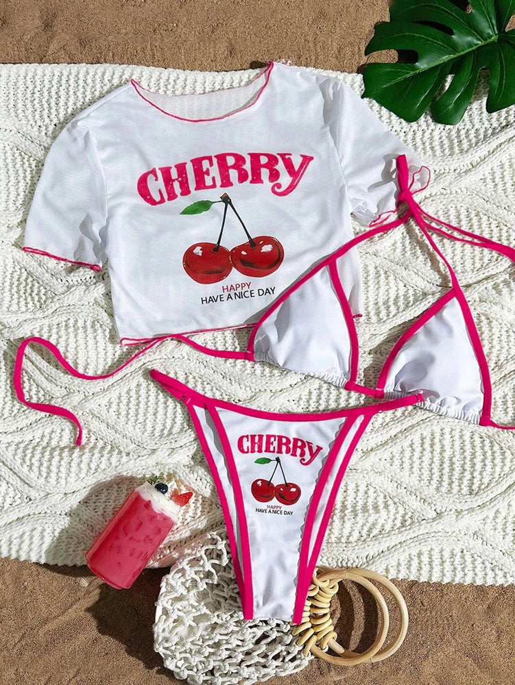 Costume da bagno a tre pezzi con stampa ciliegie, bikini halter carino, sexy e fresco, blu scuro, per la spiaggia - Collezione 2026