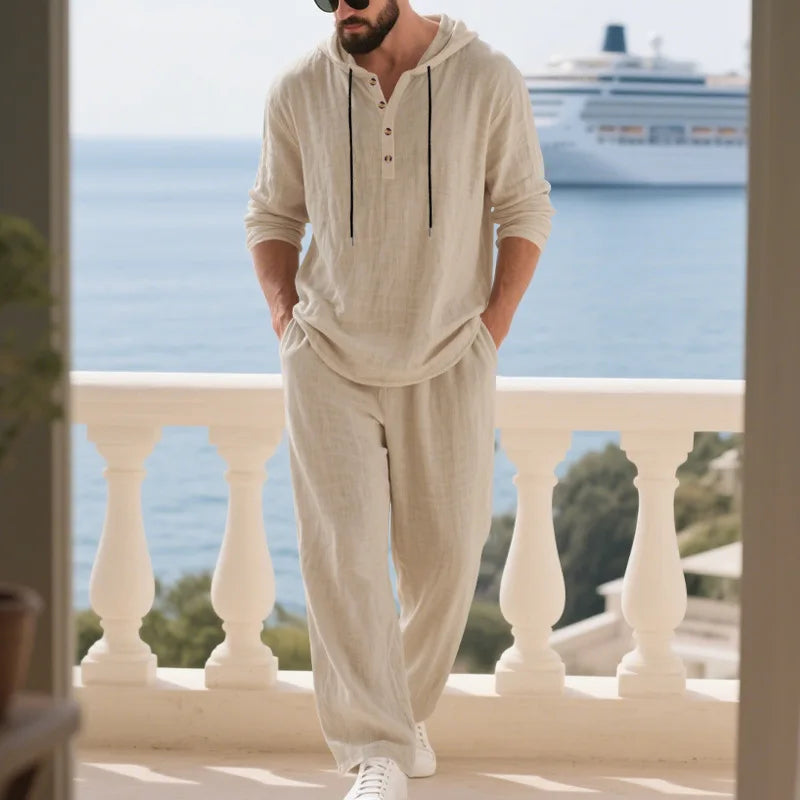 Completo Uomo in Lino econ Cappuccio – Camicia Manica Lunga e Pantaloni Casual per Primavera e Autunno
