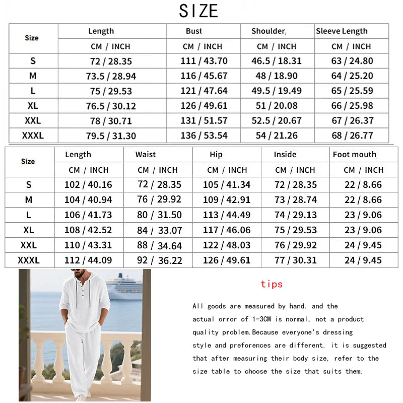 Completo Uomo in Lino econ Cappuccio – Camicia Manica Lunga e Pantaloni Casual per Primavera e Autunno