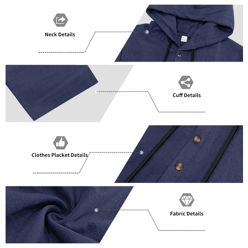 Completo Uomo in Lino econ Cappuccio – Camicia Manica Lunga e Pantaloni Casual per Primavera e Autunno
