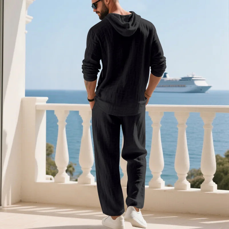 Completo Uomo in Lino econ Cappuccio – Camicia Manica Lunga e Pantaloni Casual per Primavera e Autunno