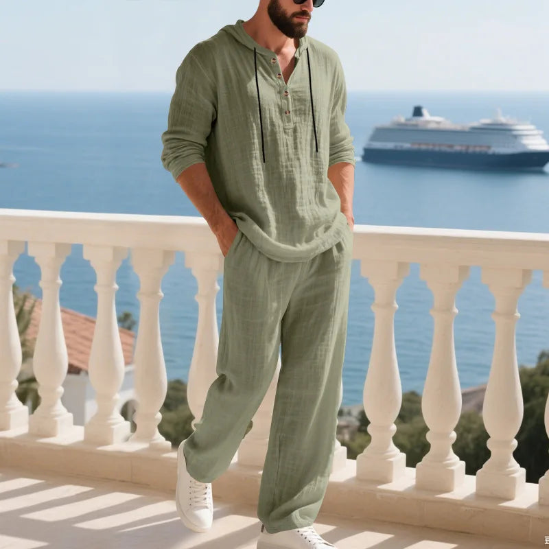 Completo Uomo in Lino econ Cappuccio – Camicia Manica Lunga e Pantaloni Casual per Primavera e Autunno