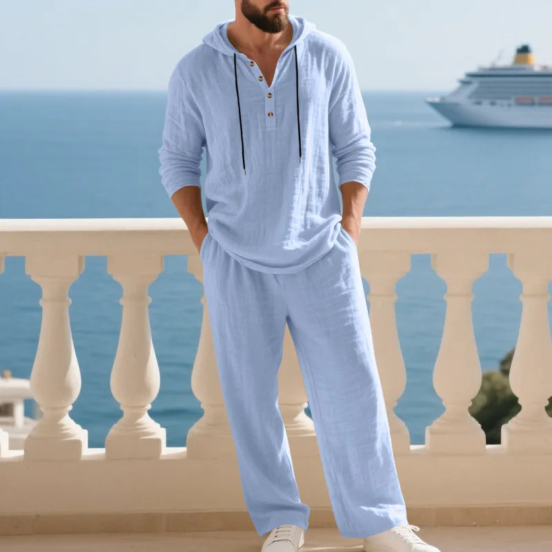 Completo Uomo in Lino econ Cappuccio – Camicia Manica Lunga e Pantaloni Casual per Primavera e Autunno