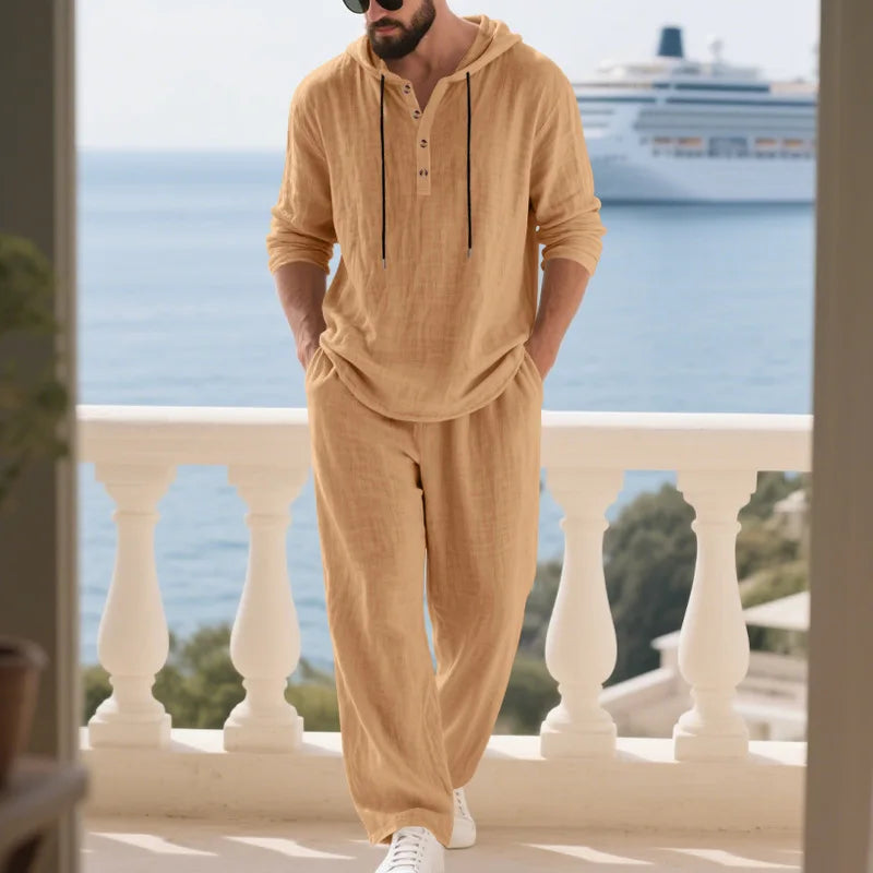 Completo Uomo in Lino econ Cappuccio – Camicia Manica Lunga e Pantaloni Casual per Primavera e Autunno