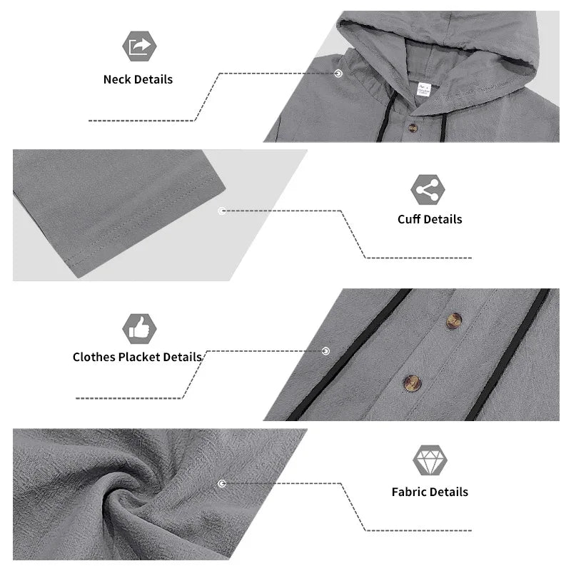 Completo Uomo in Lino econ Cappuccio – Camicia Manica Lunga e Pantaloni Casual per Primavera e Autunno