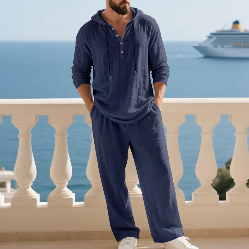Completo Uomo in Lino econ Cappuccio – Camicia Manica Lunga e Pantaloni Casual per Primavera e Autunno