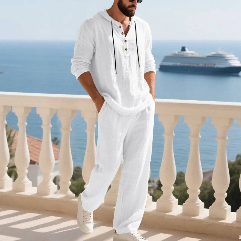 Completo Uomo in Lino econ Cappuccio – Camicia Manica Lunga e Pantaloni Casual per Primavera e Autunno