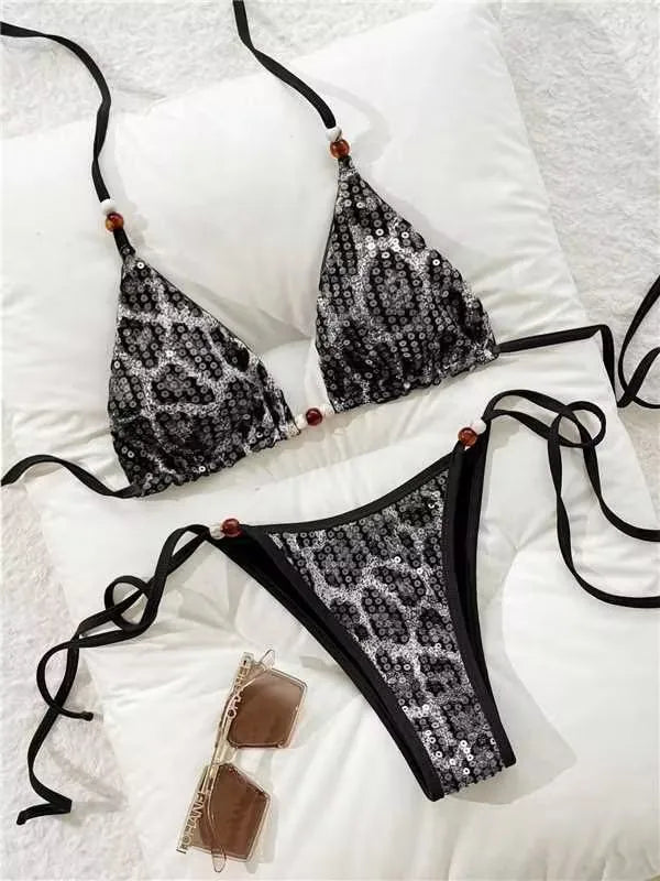 Bikini Leopardato con Paillettes e Spalline 2026 - Costume da Bagno Donna Due Pezzi