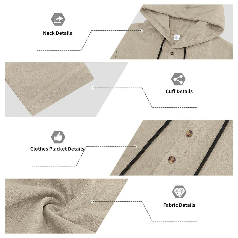 Completo Uomo in Lino econ Cappuccio – Camicia Manica Lunga e Pantaloni Casual per Primavera e Autunno
