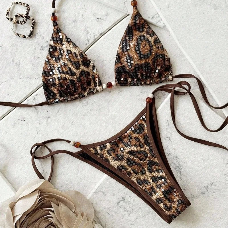 Bikini Leopardato con Paillettes e Spalline 2026 - Costume da Bagno Donna Due Pezzi