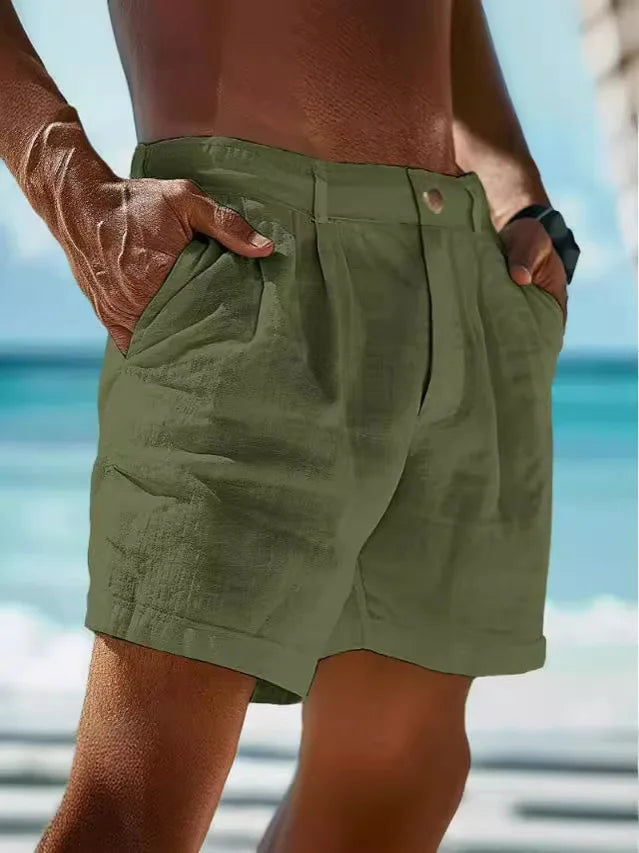 Pantaloncini Estivi 2026 in Cotone e Lino da Uomo, Tinta Unita, Casual, con Bottoni e Tasche, Comodi per la Spiaggia e il Tempo Libero