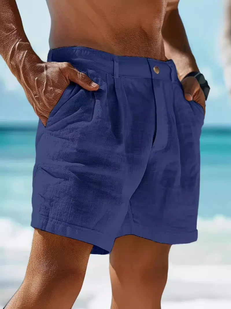 Pantaloncini Estivi 2026 in Cotone e Lino da Uomo, Tinta Unita, Casual, con Bottoni e Tasche, Comodi per la Spiaggia e il Tempo Libero