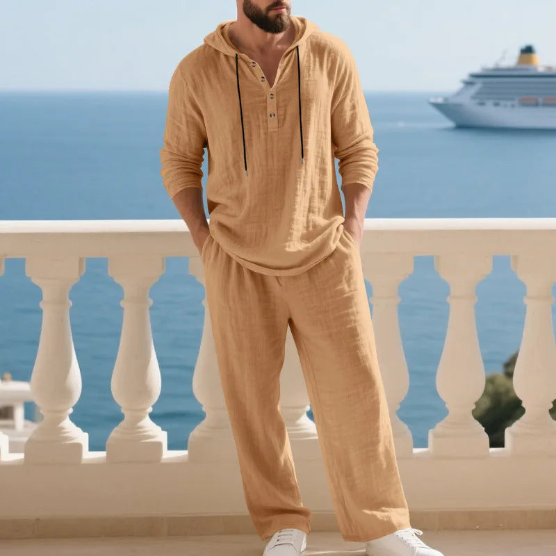 Completo Uomo in Lino econ Cappuccio – Camicia Manica Lunga e Pantaloni Casual per Primavera e Autunno