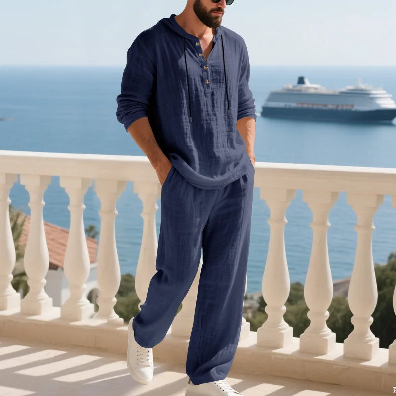 Completo Uomo in Lino econ Cappuccio – Camicia Manica Lunga e Pantaloni Casual per Primavera e Autunno