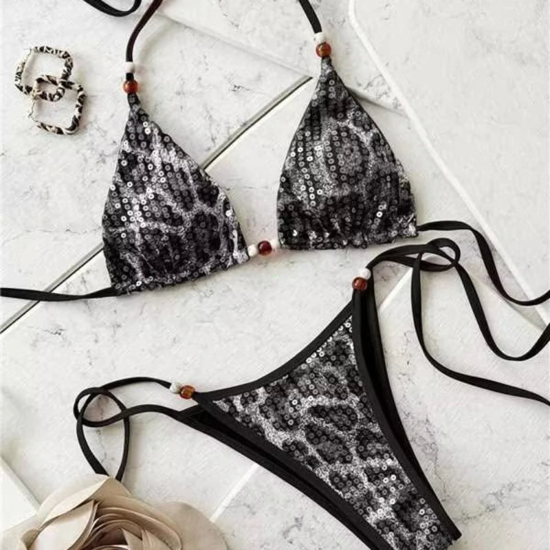 Bikini Leopardato con Paillettes e Spalline 2026 - Costume da Bagno Donna Due Pezzi