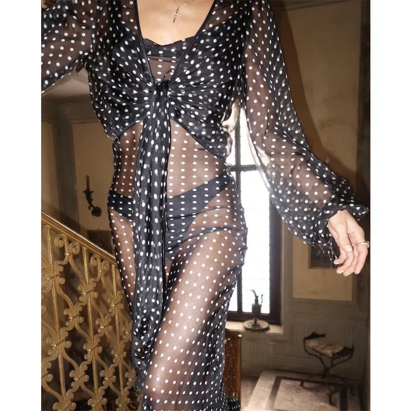 Nuovo Abito Lungo da Donna 2026 con Schiena Scoperta in Rete e Lacci, Copricostume Casual a Pois per Vacanze al Mare