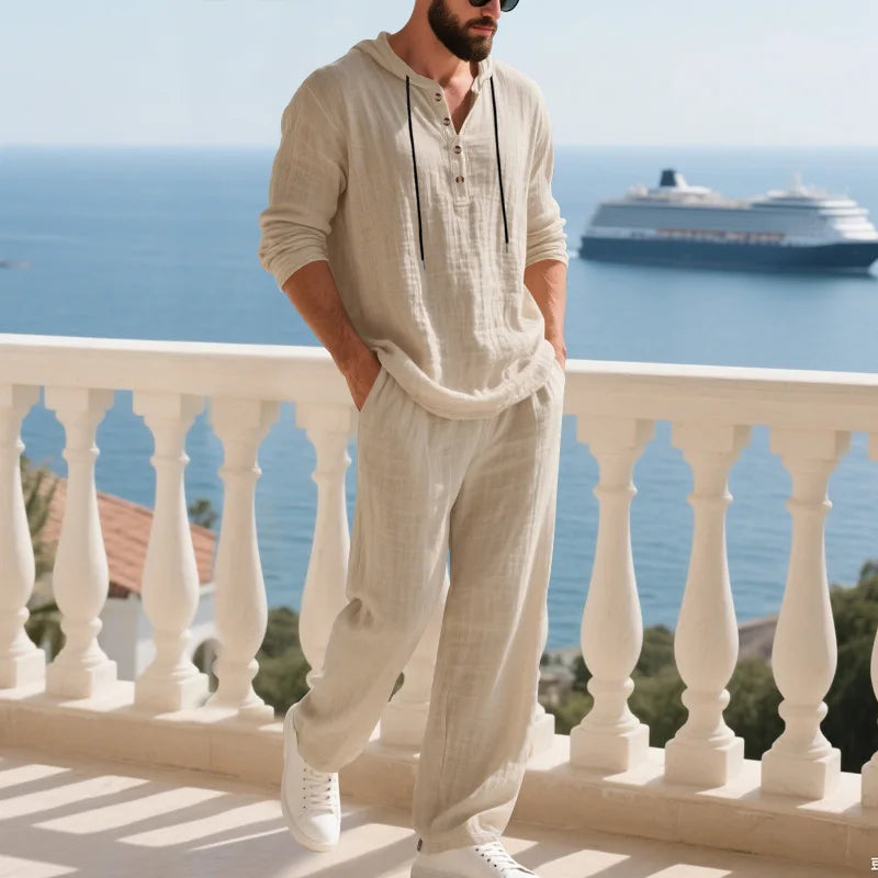 Completo Uomo in Lino econ Cappuccio – Camicia Manica Lunga e Pantaloni Casual per Primavera e Autunno