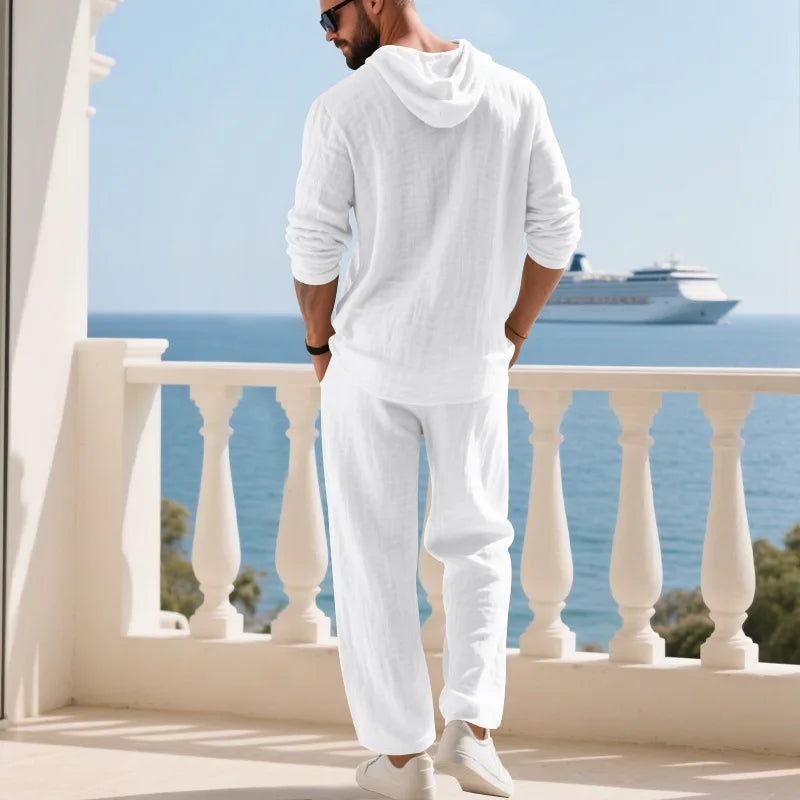 Completo Uomo in Lino econ Cappuccio – Camicia Manica Lunga e Pantaloni Casual per Primavera e Autunno