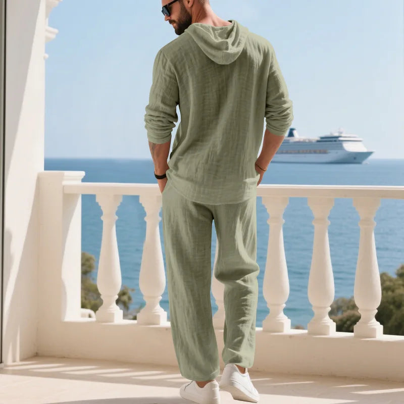 Completo Uomo in Lino econ Cappuccio – Camicia Manica Lunga e Pantaloni Casual per Primavera e Autunno