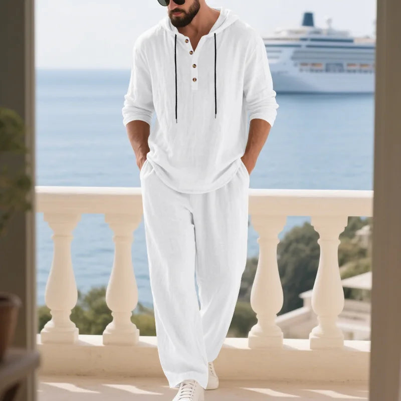 Completo Uomo in Lino econ Cappuccio – Camicia Manica Lunga e Pantaloni Casual per Primavera e Autunno