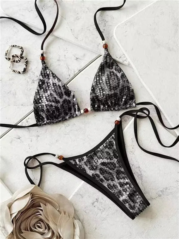 Bikini Leopardato con Paillettes e Spalline 2026 - Costume da Bagno Donna Due Pezzi