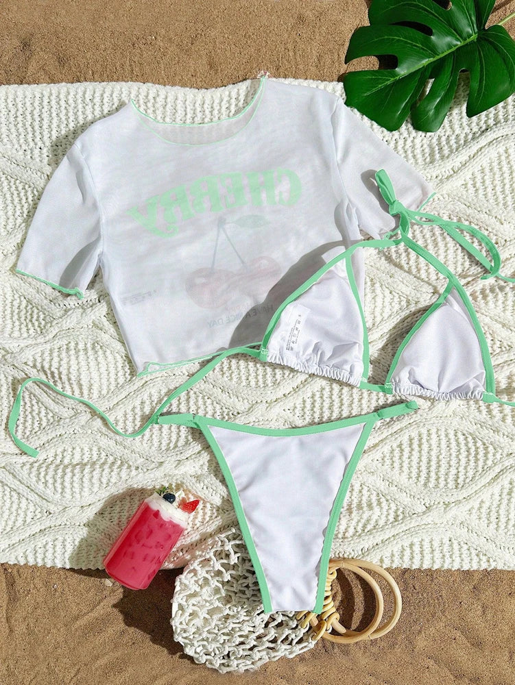 Costume da bagno a tre pezzi con stampa ciliegie, bikini halter carino, sexy e fresco, blu scuro, per la spiaggia - Collezione 2026