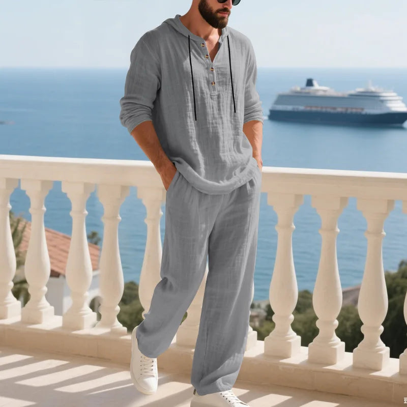 Completo Uomo in Lino econ Cappuccio – Camicia Manica Lunga e Pantaloni Casual per Primavera e Autunno