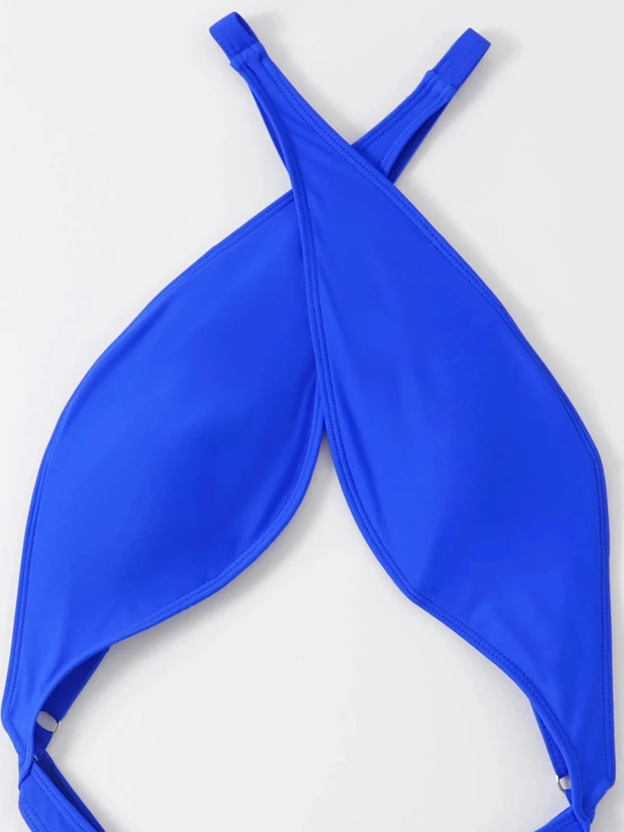 Costume da bagno intero da donna monokini con scollo all'americana, taglio alto, sgambato, con laccetti incrociati sulla schiena, per mare e piscina