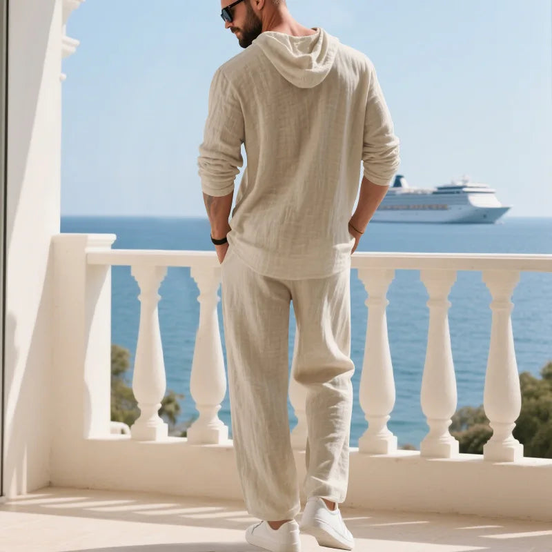 Completo Uomo in Lino econ Cappuccio – Camicia Manica Lunga e Pantaloni Casual per Primavera e Autunno