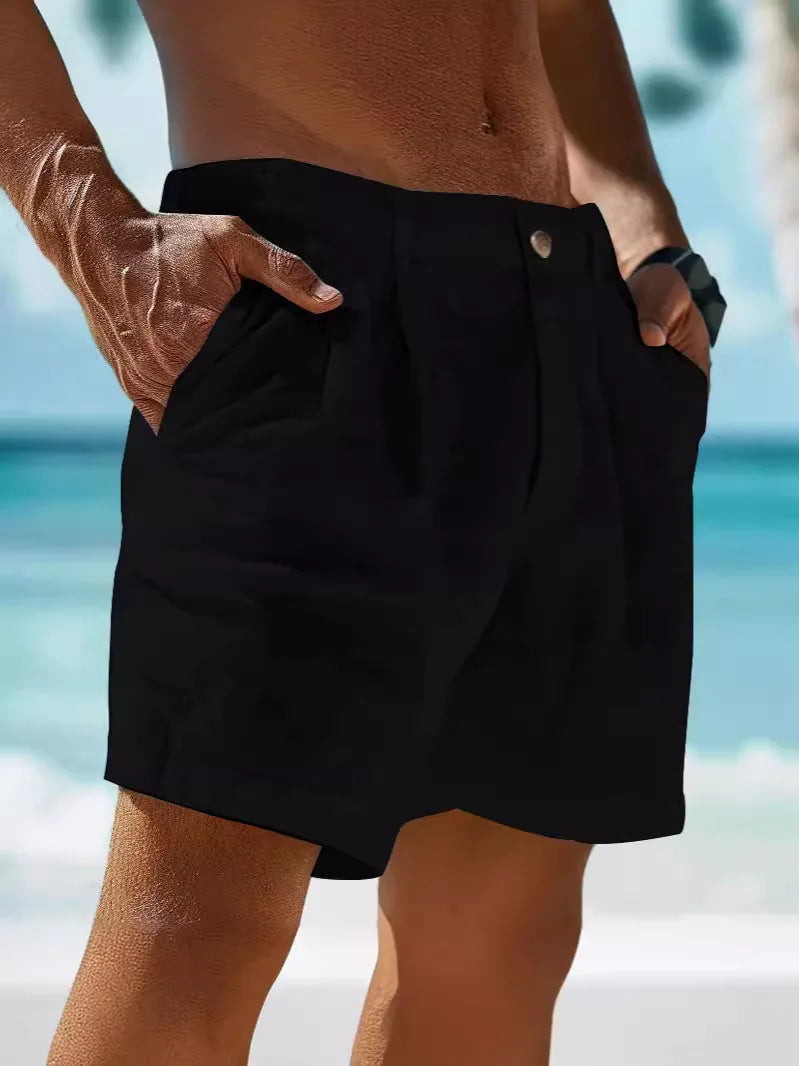 Pantaloncini Estivi 2026 in Cotone e Lino da Uomo, Tinta Unita, Casual, con Bottoni e Tasche, Comodi per la Spiaggia e il Tempo Libero