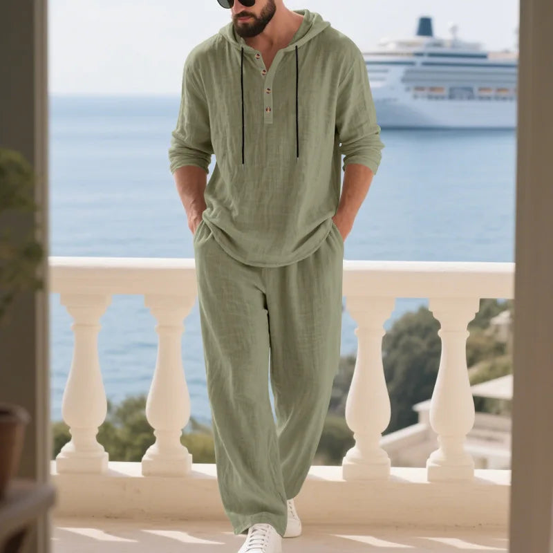 Completo Uomo in Lino econ Cappuccio – Camicia Manica Lunga e Pantaloni Casual per Primavera e Autunno