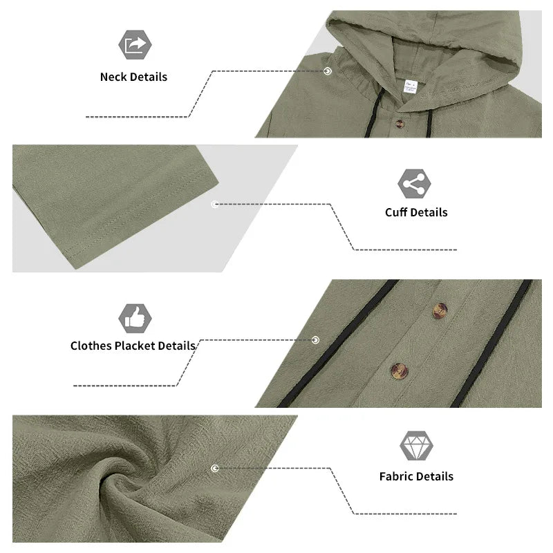 Completo Uomo in Lino econ Cappuccio – Camicia Manica Lunga e Pantaloni Casual per Primavera e Autunno