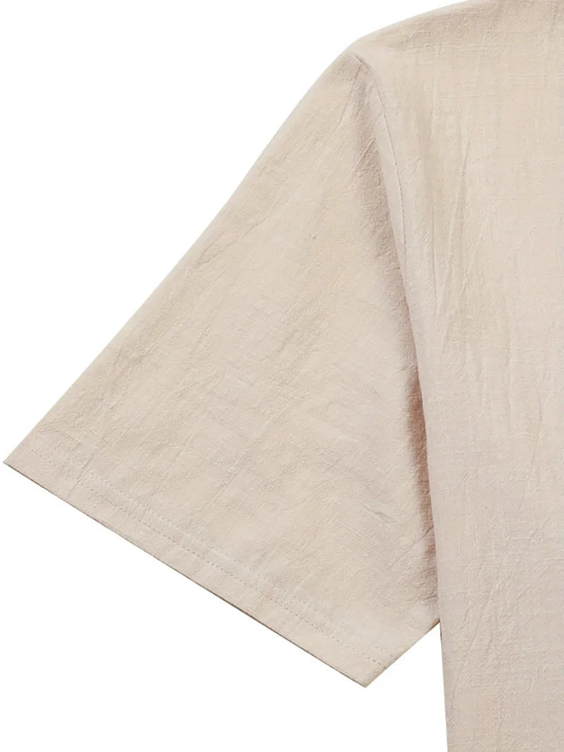 Camicia da uomo in misto lino a maniche corte con bottoni, casual, da spiaggia, con tasca sul petto, traspirante, leggera, estiva.