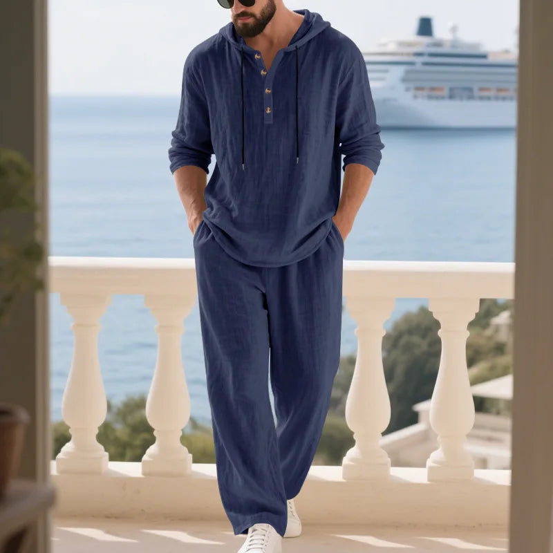 Completo Uomo in Lino econ Cappuccio – Camicia Manica Lunga e Pantaloni Casual per Primavera e Autunno