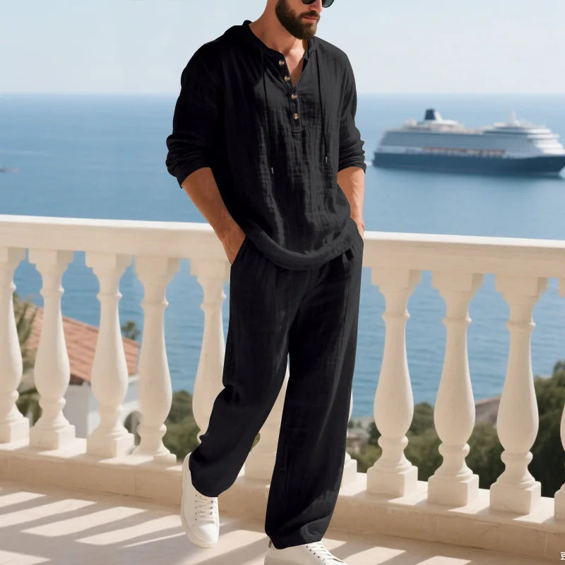 Completo Uomo in Lino econ Cappuccio – Camicia Manica Lunga e Pantaloni Casual per Primavera e Autunno