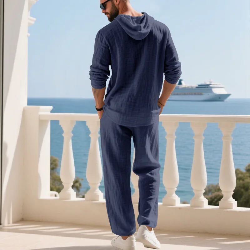 Completo Uomo in Lino econ Cappuccio – Camicia Manica Lunga e Pantaloni Casual per Primavera e Autunno