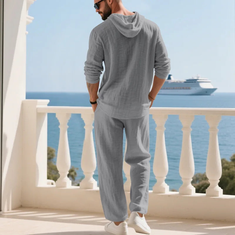 Completo Uomo in Lino econ Cappuccio – Camicia Manica Lunga e Pantaloni Casual per Primavera e Autunno