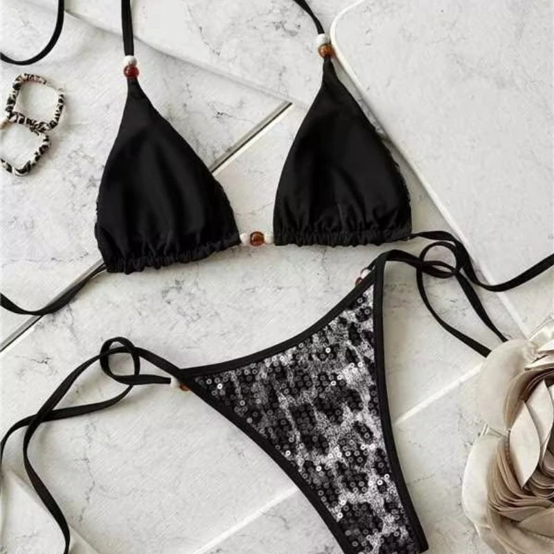 Bikini Leopardato con Paillettes e Spalline 2026 - Costume da Bagno Donna Due Pezzi