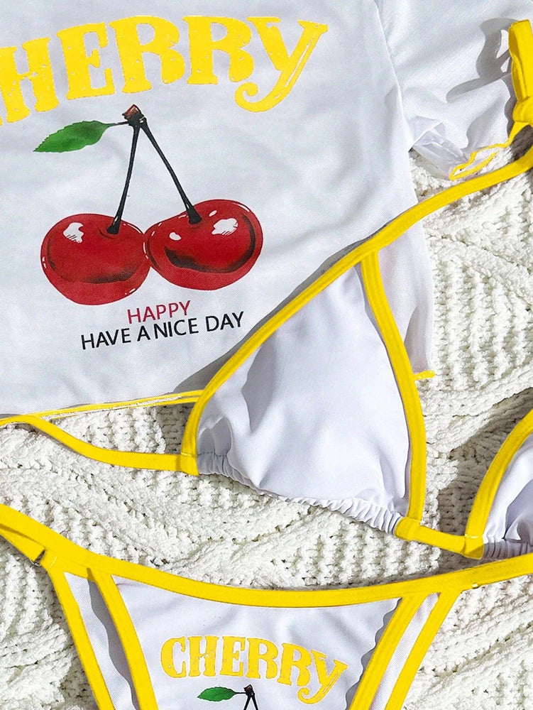 Costume da bagno a tre pezzi con stampa ciliegie, bikini halter carino, sexy e fresco, blu scuro, per la spiaggia - Collezione 2026